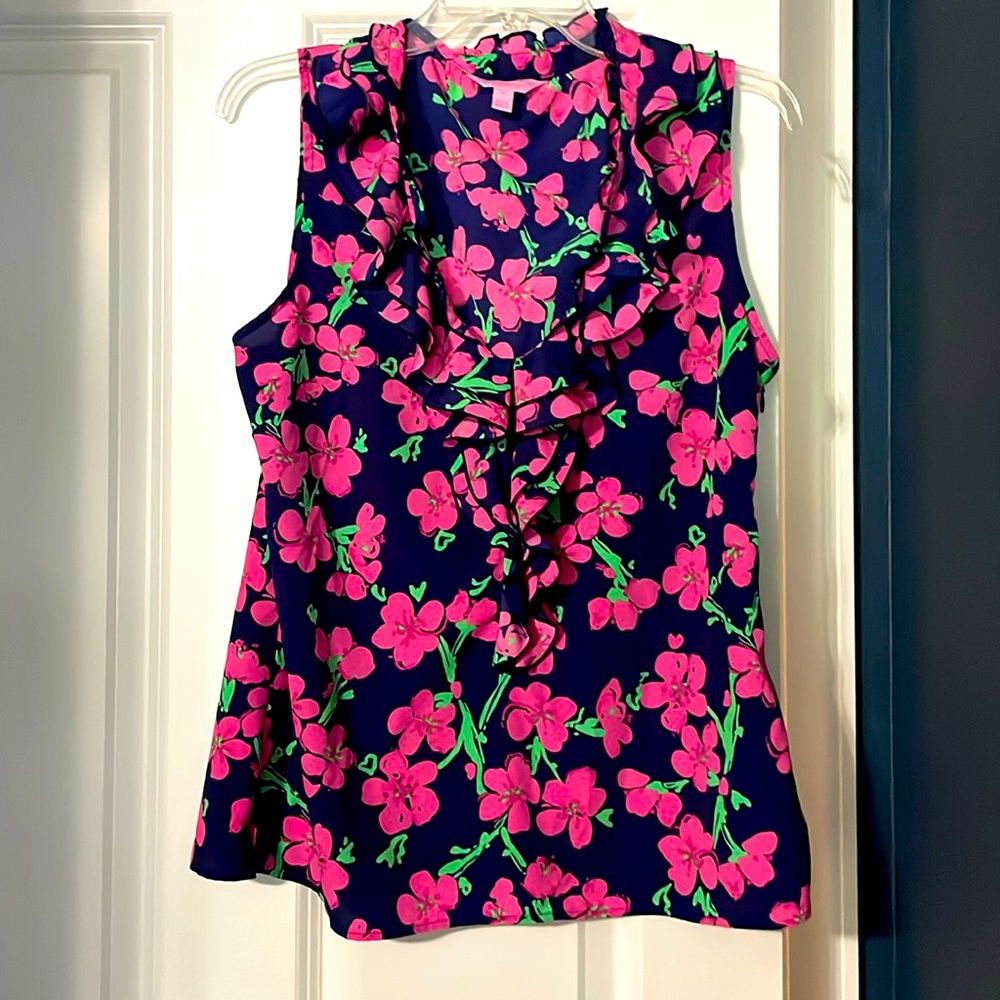 Lilly Pulitzer Navy and Pink Ruffle Floral Print Silk Tank, Size Medium